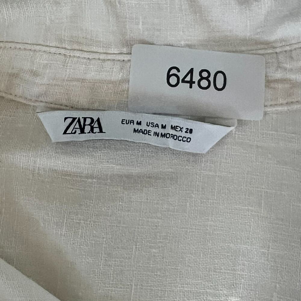 Zara Women's Medium White Linen Button Up Pocket Short Sleeve Cropped Blouse - Picture 3 of 7